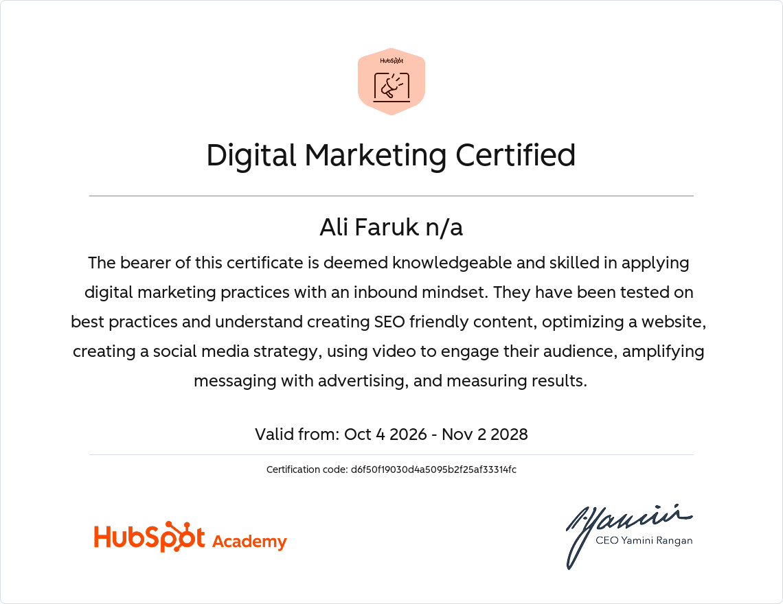 HubSpot Academy Digital Marketing certification awarded to Ali Faruk
